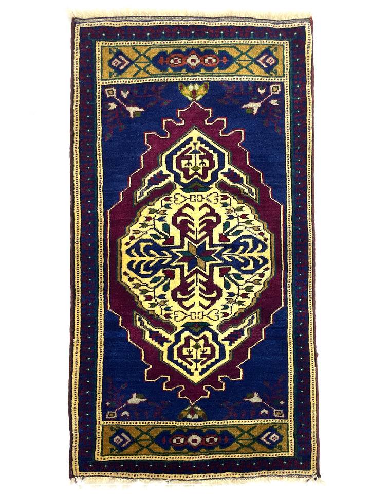 Vintage Turkish Blue Small Rug 54 cm x 107cm (1'8" FT X 3'5" FT) - Y010070